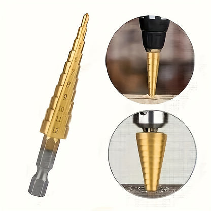 3pcs Titanium-Coated HSS Drill Bits Set, 3-12mm, 4-12mm, 4-20mm Straight Groove Step Cone Cutters, Precision Hole Sawing, Hex Shank, Metal, No Power Required, Home Renovation Tool Accessories
