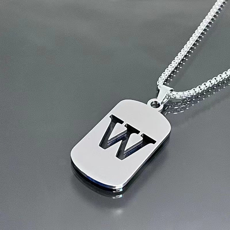 1pc Fashionable And Personalized, Geometric Square Hollow 26 English Letters Pendant Stainless Steel Necklace, Simple And Versatile Accessories for Men And Women.