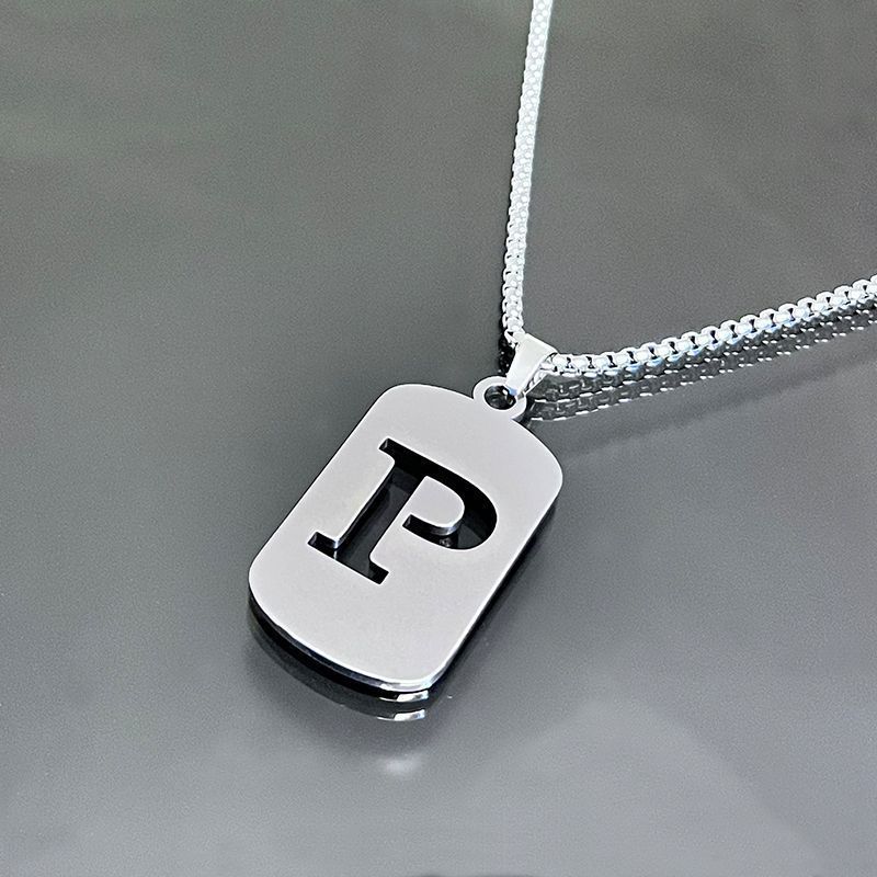 1pc Fashionable And Personalized, Geometric Square Hollow 26 English Letters Pendant Stainless Steel Necklace, Simple And Versatile Accessories for Men And Women.