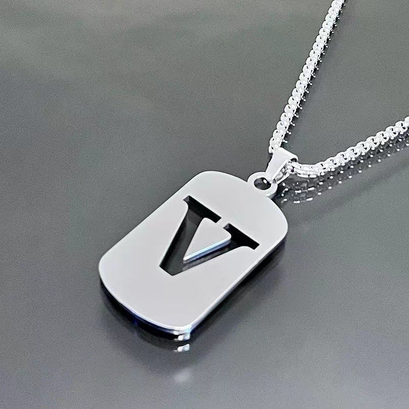 1pc Fashionable And Personalized, Geometric Square Hollow 26 English Letters Pendant Stainless Steel Necklace, Simple And Versatile Accessories for Men And Women.