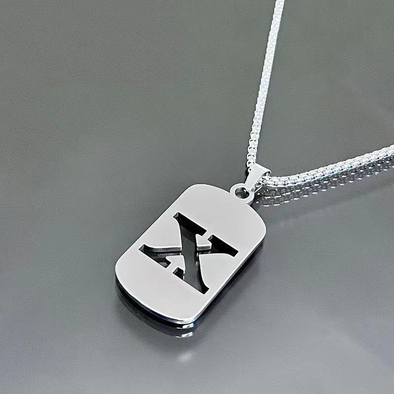 1pc Fashionable And Personalized, Geometric Square Hollow 26 English Letters Pendant Stainless Steel Necklace, Simple And Versatile Accessories for Men And Women.