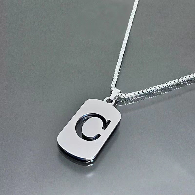 1pc Fashionable And Personalized, Geometric Square Hollow 26 English Letters Pendant Stainless Steel Necklace, Simple And Versatile Accessories for Men And Women.