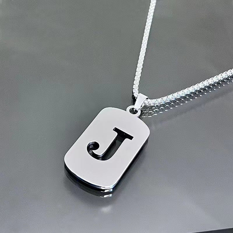 1pc Fashionable And Personalized, Geometric Square Hollow 26 English Letters Pendant Stainless Steel Necklace, Simple And Versatile Accessories for Men And Women.