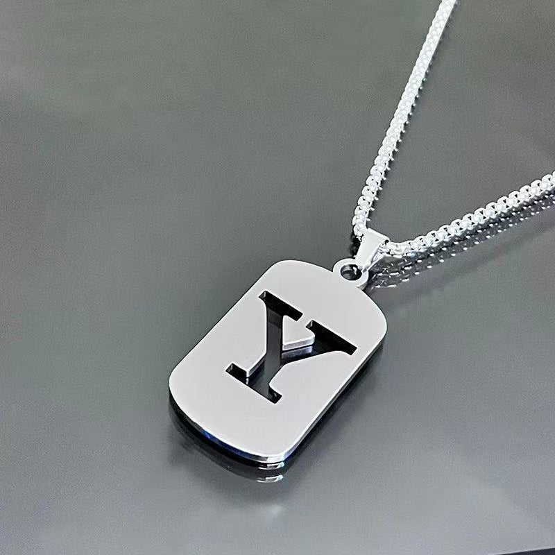 1pc Fashionable And Personalized, Geometric Square Hollow 26 English Letters Pendant Stainless Steel Necklace, Simple And Versatile Accessories for Men And Women.