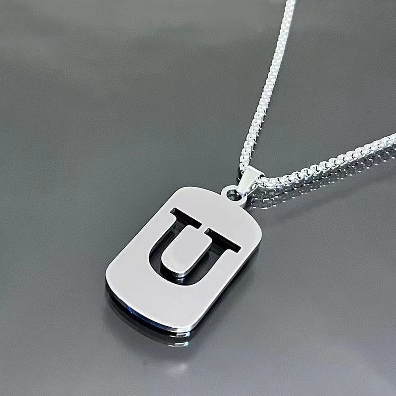 1pc Fashionable And Personalized, Geometric Square Hollow 26 English Letters Pendant Stainless Steel Necklace, Simple And Versatile Accessories for Men And Women.
