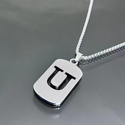 1pc Fashionable And Personalized, Geometric Square Hollow 26 English Letters Pendant Stainless Steel Necklace, Simple And Versatile Accessories for Men And Women.