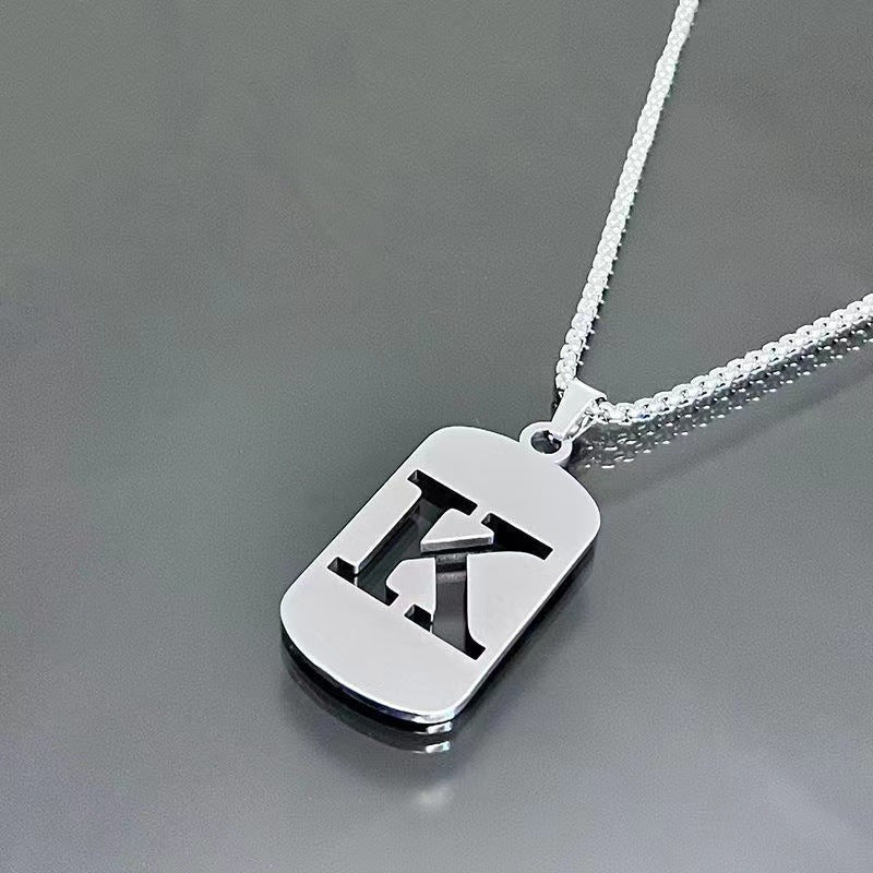 1pc Fashionable And Personalized, Geometric Square Hollow 26 English Letters Pendant Stainless Steel Necklace, Simple And Versatile Accessories for Men And Women.