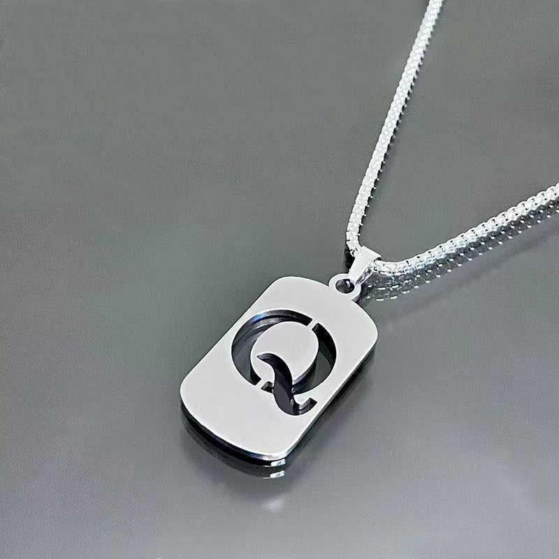 1pc Fashionable And Personalized, Geometric Square Hollow 26 English Letters Pendant Stainless Steel Necklace, Simple And Versatile Accessories for Men And Women.