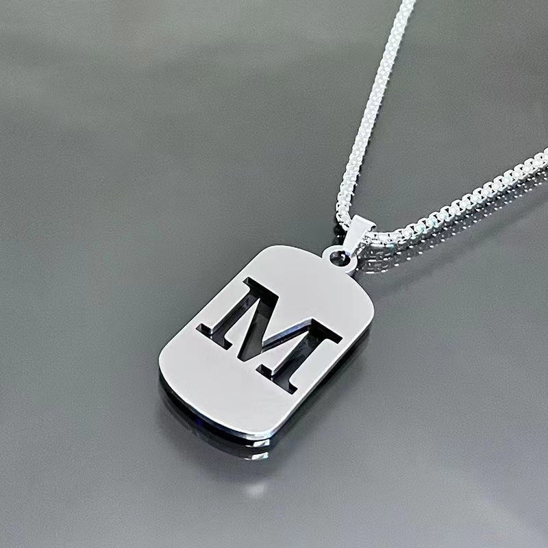 1pc Fashionable And Personalized, Geometric Square Hollow 26 English Letters Pendant Stainless Steel Necklace, Simple And Versatile Accessories for Men And Women.