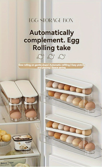Space-Saving Refrigerator Side Door Rolling Egg Storage Box - Durable Plastic, No Batteries Needed, 2-Tier Transparent Compartments for Easy Egg Access & Organization, Kitchen & Fridge Organizer, Egg Organizer for Refrigerato