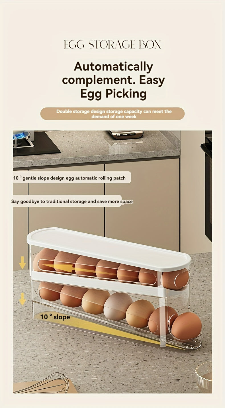 Space-Saving Refrigerator Side Door Rolling Egg Storage Box - Durable Plastic, No Batteries Needed, 2-Tier Transparent Compartments for Easy Egg Access & Organization, Kitchen & Fridge Organizer, Egg Organizer for Refrigerato