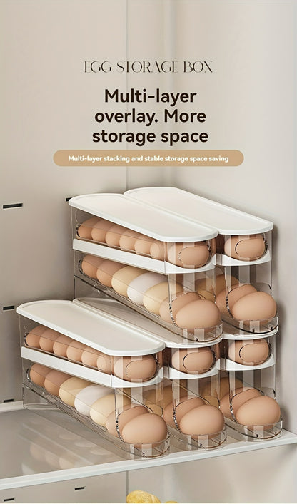Space-Saving Refrigerator Side Door Rolling Egg Storage Box - Durable Plastic, No Batteries Needed, 2-Tier Transparent Compartments for Easy Egg Access & Organization, Kitchen & Fridge Organizer, Egg Organizer for Refrigerato