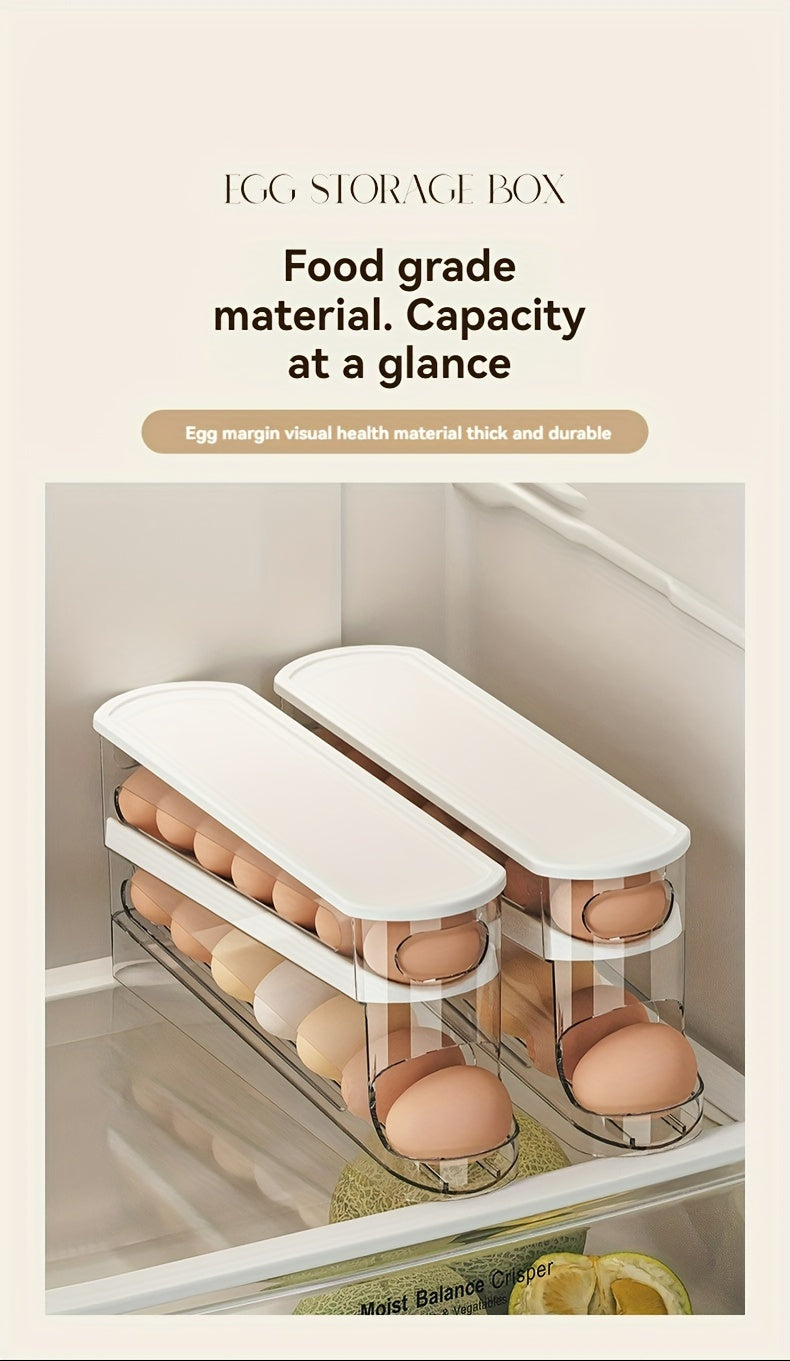 Space-Saving Refrigerator Side Door Rolling Egg Storage Box - Durable Plastic, No Batteries Needed, 2-Tier Transparent Compartments for Easy Egg Access & Organization, Kitchen & Fridge Organizer, Egg Organizer for Refrigerato