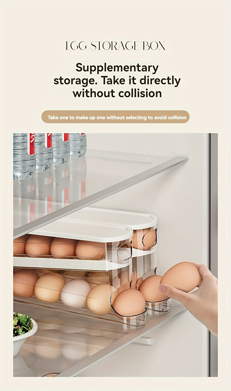 Space-Saving Refrigerator Side Door Rolling Egg Storage Box - Durable Plastic, No Batteries Needed, 2-Tier Transparent Compartments for Easy Egg Access & Organization, Kitchen & Fridge Organizer, Egg Organizer for Refrigerato