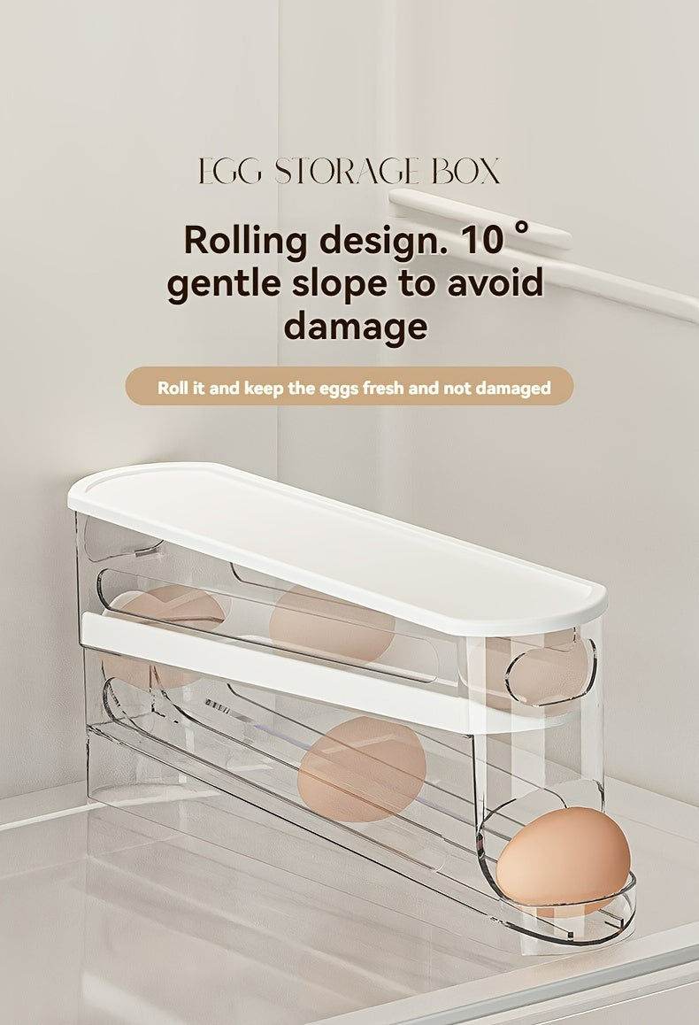 Space-Saving Refrigerator Side Door Rolling Egg Storage Box - Durable Plastic, No Batteries Needed, 2-Tier Transparent Compartments for Easy Egg Access & Organization, Kitchen & Fridge Organizer, Egg Organizer for Refrigerato