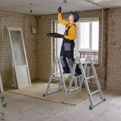 6-in-1 Multi-Purpose Ladders Aluminium Ladder, Scaffolding Safety Ladder, Including Folding Stepladder, 2 Removable Work Platform & 2 Wheel Roller Ladders for Home, Workshop, Garden