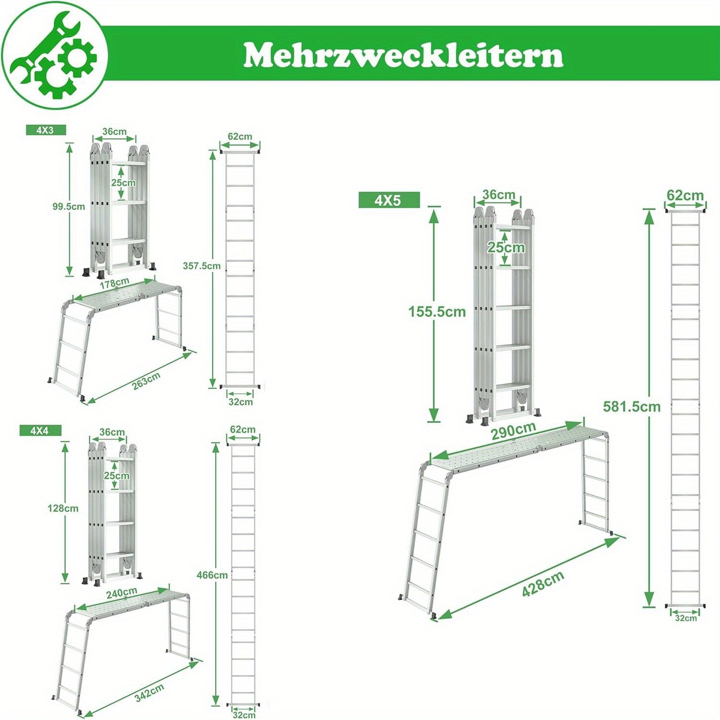 6-in-1 Multi-Purpose Ladders Aluminium Ladder, Scaffolding Safety Ladder, Including Folding Stepladder, 2 Removable Work Platform & 2 Wheel Roller Ladders for Home, Workshop, Garden