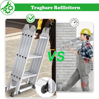 6-in-1 Multi-Purpose Ladders Aluminium Ladder, Scaffolding Safety Ladder, Including Folding Stepladder, 2 Removable Work Platform & 2 Wheel Roller Ladders for Home, Workshop, Garden