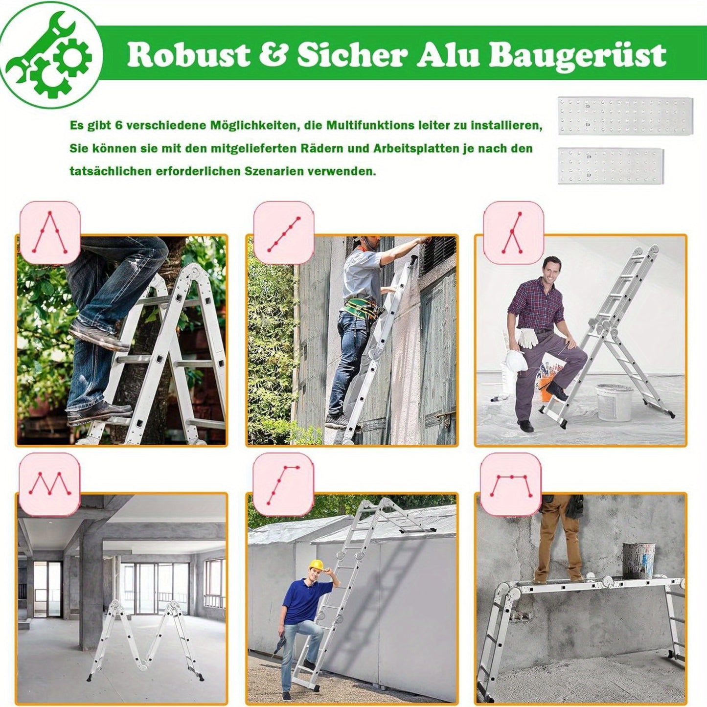 6-in-1 Multi-Purpose Ladders Aluminium Ladder, Scaffolding Safety Ladder, Including Folding Stepladder, 2 Removable Work Platform & 2 Wheel Roller Ladders for Home, Workshop, Garden