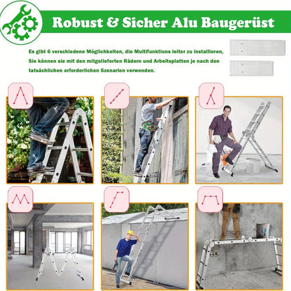 6-in-1 Multi-Purpose Ladders Aluminium Ladder, Scaffolding Safety Ladder, Including Folding Stepladder, 2 Removable Work Platform & 2 Wheel Roller Ladders for Home, Workshop, Garden