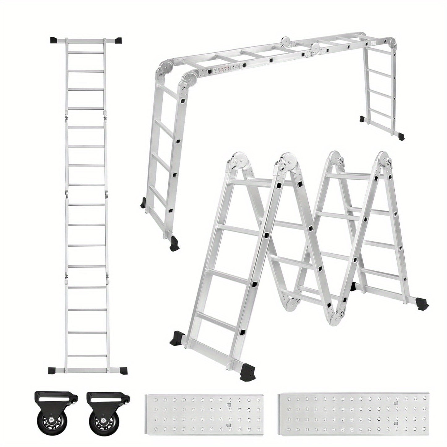 6-in-1 Multi-Purpose Ladders Aluminium Ladder, Scaffolding Safety Ladder, Including Folding Stepladder, 2 Removable Work Platform & 2 Wheel Roller Ladders for Home, Workshop, Garden