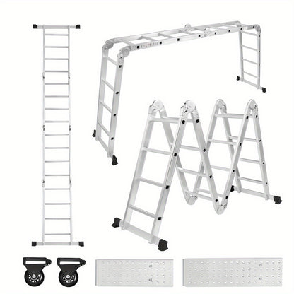 6-in-1 Multi-Purpose Ladders Aluminium Ladder, Scaffolding Safety Ladder, Including Folding Stepladder, 2 Removable Work Platform & 2 Wheel Roller Ladders for Home, Workshop, Garden