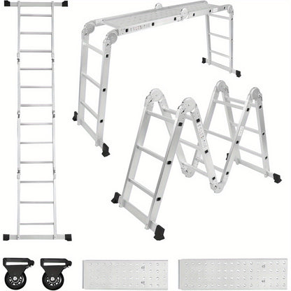 6-in-1 Multi-Purpose Ladders Aluminium Ladder, Scaffolding Safety Ladder, Including Folding Stepladder, 2 Removable Work Platform & 2 Wheel Roller Ladders for Home, Workshop, Garden