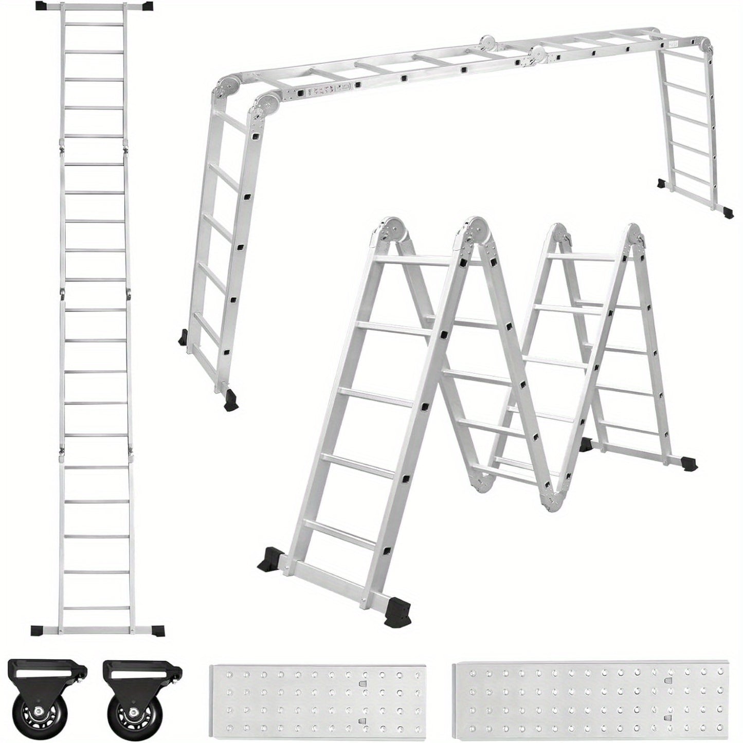 6-in-1 Multi-Purpose Ladders Aluminium Ladder, Scaffolding Safety Ladder, Including Folding Stepladder, 2 Removable Work Platform & 2 Wheel Roller Ladders for Home, Workshop, Garden