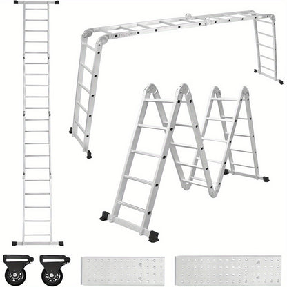 6-in-1 Multi-Purpose Ladders Aluminium Ladder, Scaffolding Safety Ladder, Including Folding Stepladder, 2 Removable Work Platform & 2 Wheel Roller Ladders for Home, Workshop, Garden