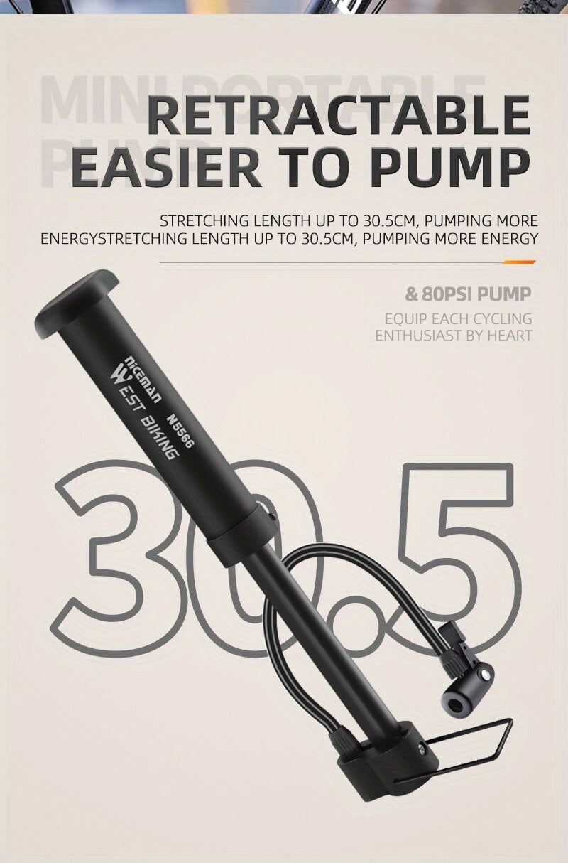 High-Pressure 80 PSI Manual Bike Pump - Durable MTB Air Inflator with Valve Compatibility, Essential Cycling Accessory, Bicycle Pump
