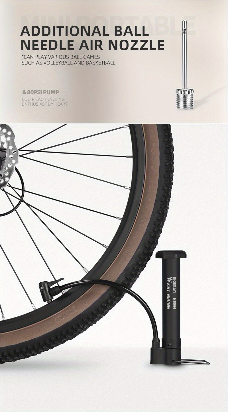 High-Pressure 80 PSI Manual Bike Pump - Durable MTB Air Inflator with Valve Compatibility, Essential Cycling Accessory, Bicycle Pump