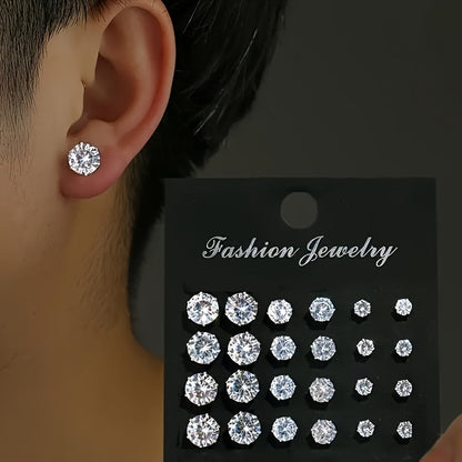 12-Pair Set Elegant Square Cubic Zirconia Stud Earrings for Men, Fashion Simple Iron Non-Plated Stainless Steel Post Ear Studs, Hypoallergenic Casual Daily Jewelry Gift