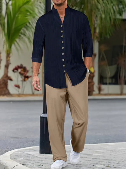 2025 New European and American Men's Summer Casual Wave Pattern Vacation Style Round Neck Short Sleeve and Long Pants Two-Piece Set