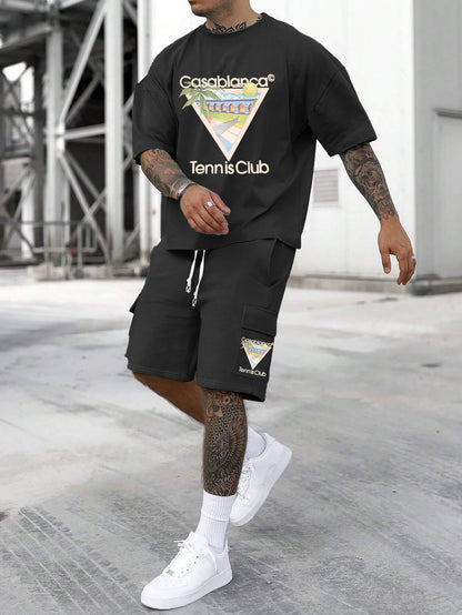 New Loose Fit Breathable Men's Crew Neck Short Sleeve T-Shirt and Workwear Style Multi-Pocket Shorts Set, Summer Casual Sportswear Two-Piece Outfit, Stylish Versatile Top and Pants for Both Men and Women