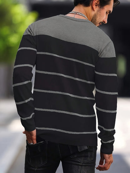 Men's Casual Striped Knit Pullover Sweater - Navy & White Contrast, Regular Fit H-Silhouette, Long Sleeve Crew Neck, Medium Stretch, Machine Washable for Spring & Fall, Mediumstretch Fabric