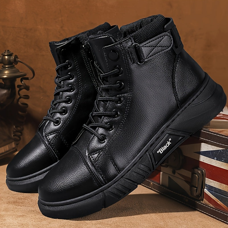 Men'S High-Top Ankle Boots - Genuine Upper, Lace-Up Closure, Durable PVC Sole, All-Season Versatile for Hiking, Casual & Outdoor Wear - Modern Streetwear Design, Hiking Boots, Sleek Boot Design