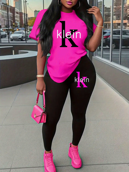 Women'S "Klein" Print Short Sleeve T-Shirt & Black Pants Two-Piece Set - Casual, Stretchy Fabric, Pink & Black Design, Spring/Summer Casual Wear, Casual Attire|Graphic Tee|Stretchy