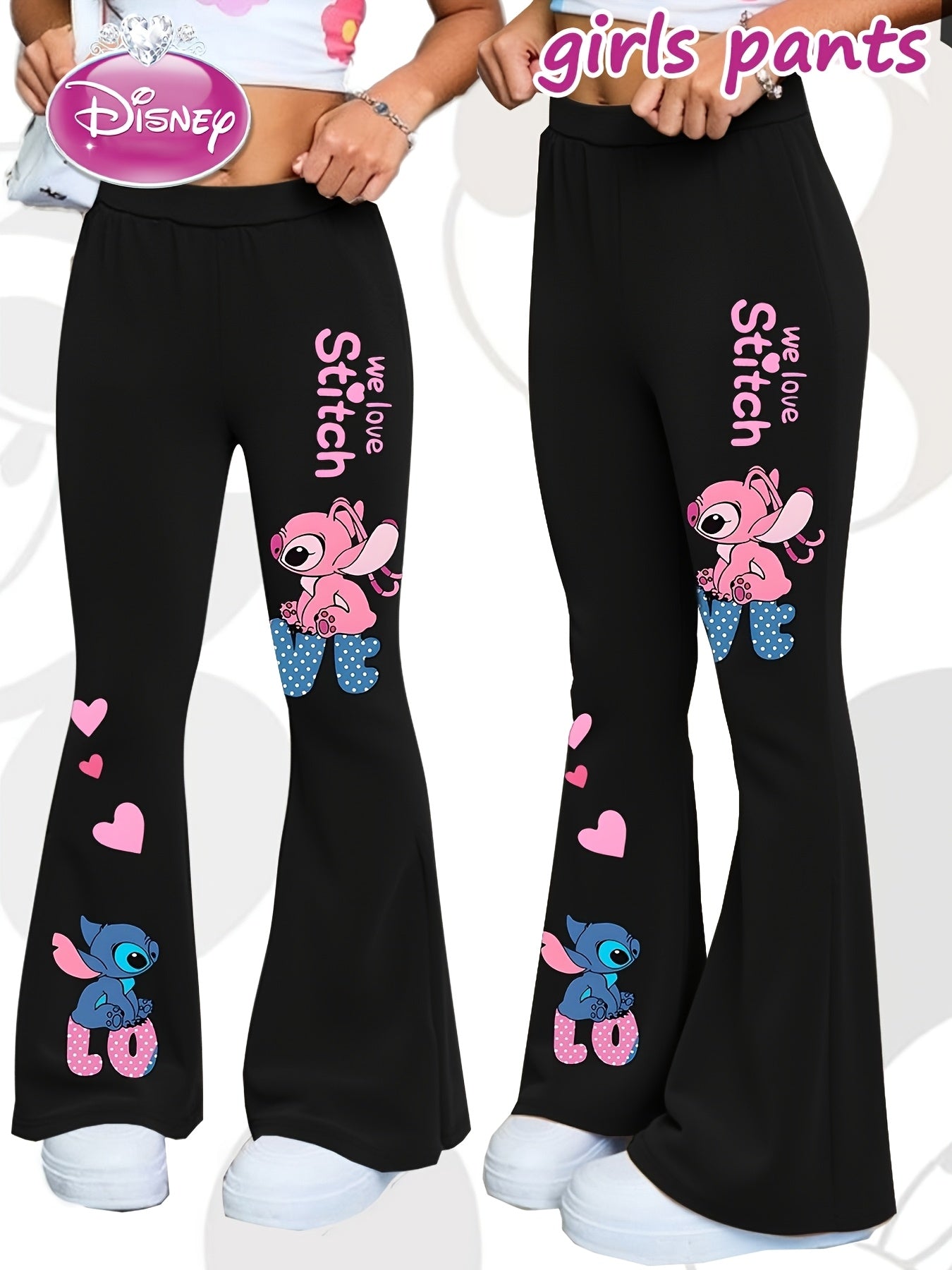 Disney Stitch Girls' Flare Pants - Official Stitch Character Design with Bell Bottoms, Grey with Pink Accents, Machine Washable Birthday Outfit for Disney Fans (Kids Girls) - Perfect Gift for Stitch Lovers, Everyday Kids Clot
