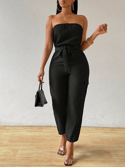 Ladies Solid Color Off the Shoulder Bandeau Romper, Polyester, Casual, with Pocket, for Daily Wear, Spring/Fall