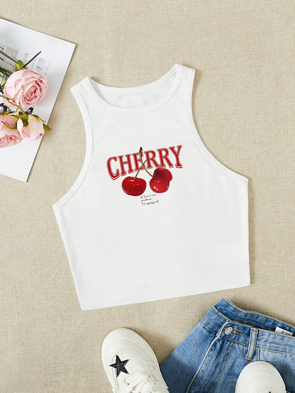 Women's Elegant Cropped Graphic Tank Top - Cherry Print Semi-Sheer Stretchy, Round Neck Sleeveless Shirt, Machine Washable All-Season Casual Top, Ladies Tank Tops, Playful Summer Wear