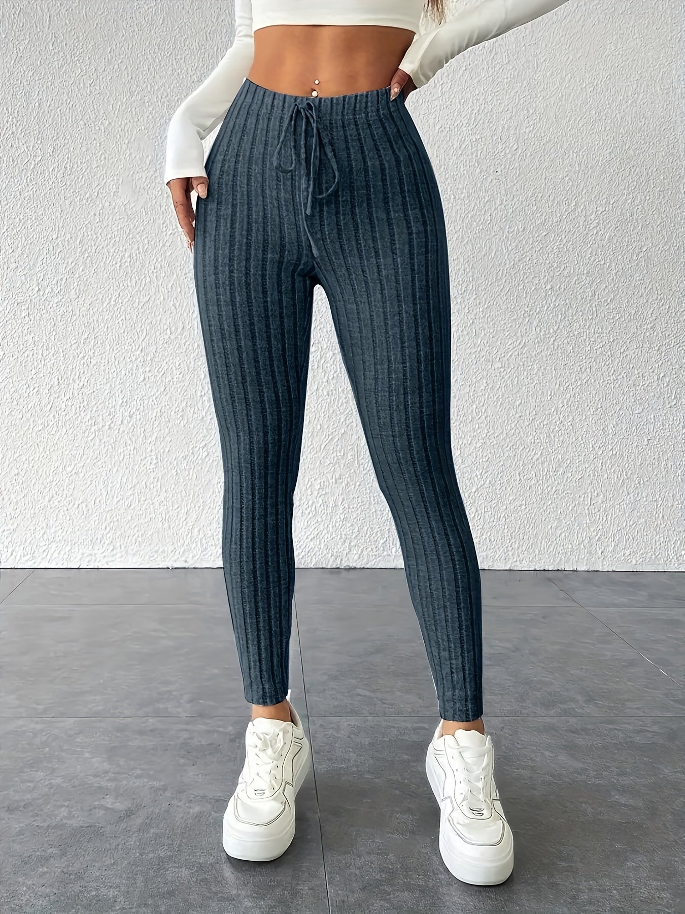 Women's Tie Waist Ribbed Bodycon Leggings - Medium-Stretch All-Season Casual Pants, Solid Color Non-See-Through Machine Washable for Casual Attire & Layering, High Waisted Leggings, Versatile Bottoms, Sleek Fit, Comfortable F