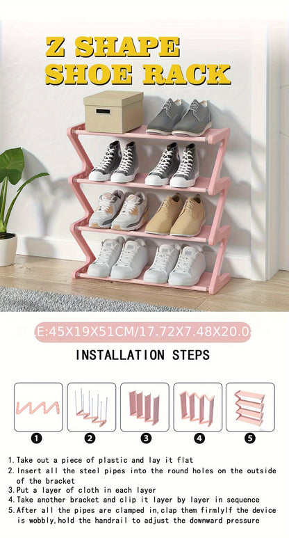 4-Tier Free Standing Shoe Rack - Z-Shaped Stackable Shoe Organizer with Metal Frame & Plastic Shelves, No-Tool Assembly, 4kg Capacity, Space-Saving Floor Mount Storage for Entryway, Living Room, Dorm - Durable Home & Dorm Roo