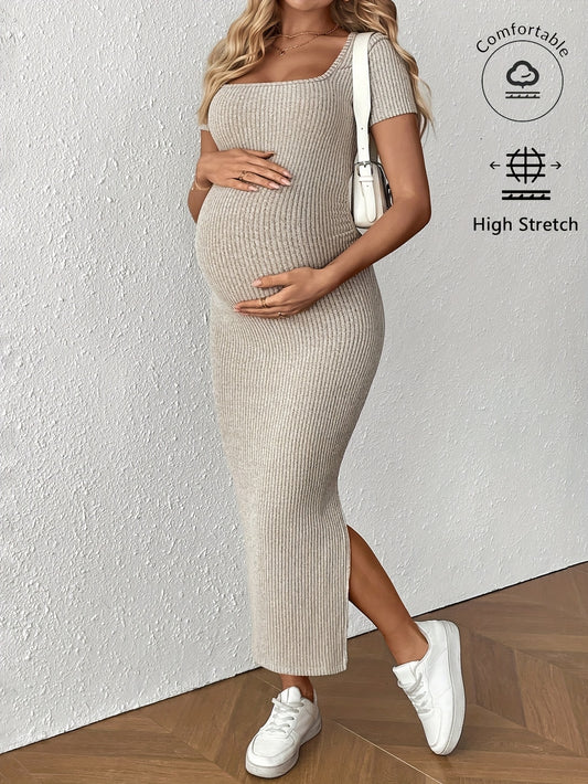 Maternity Bodycon Dress - Square Neck Short Sleeve Ruched Hem Stretchy Knit Pregnancy Dress for Women, Breathable Summer Casual Wear, Machine Washable Solid Color Regular Fit, Maternity Dresses, Comfortable Pregnancy Outfit,