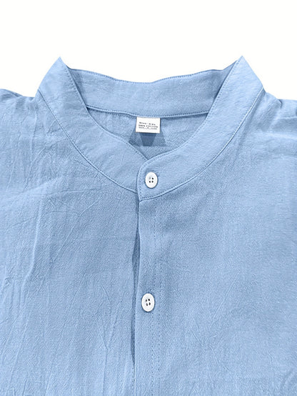 Men's Lightweight 95% Linen Shirt - Breathable Summer Casual Button-Up with Stand Collar, Regular Fit for Beach & Urban Wear, Solid Color