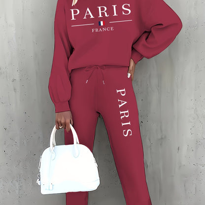 Targeted Autumn and Winter Fashion Print Two-Piece Set, Casual Long-Sleeve Fleece Pullover and Drawstring Jogger Pants Outfit for Women