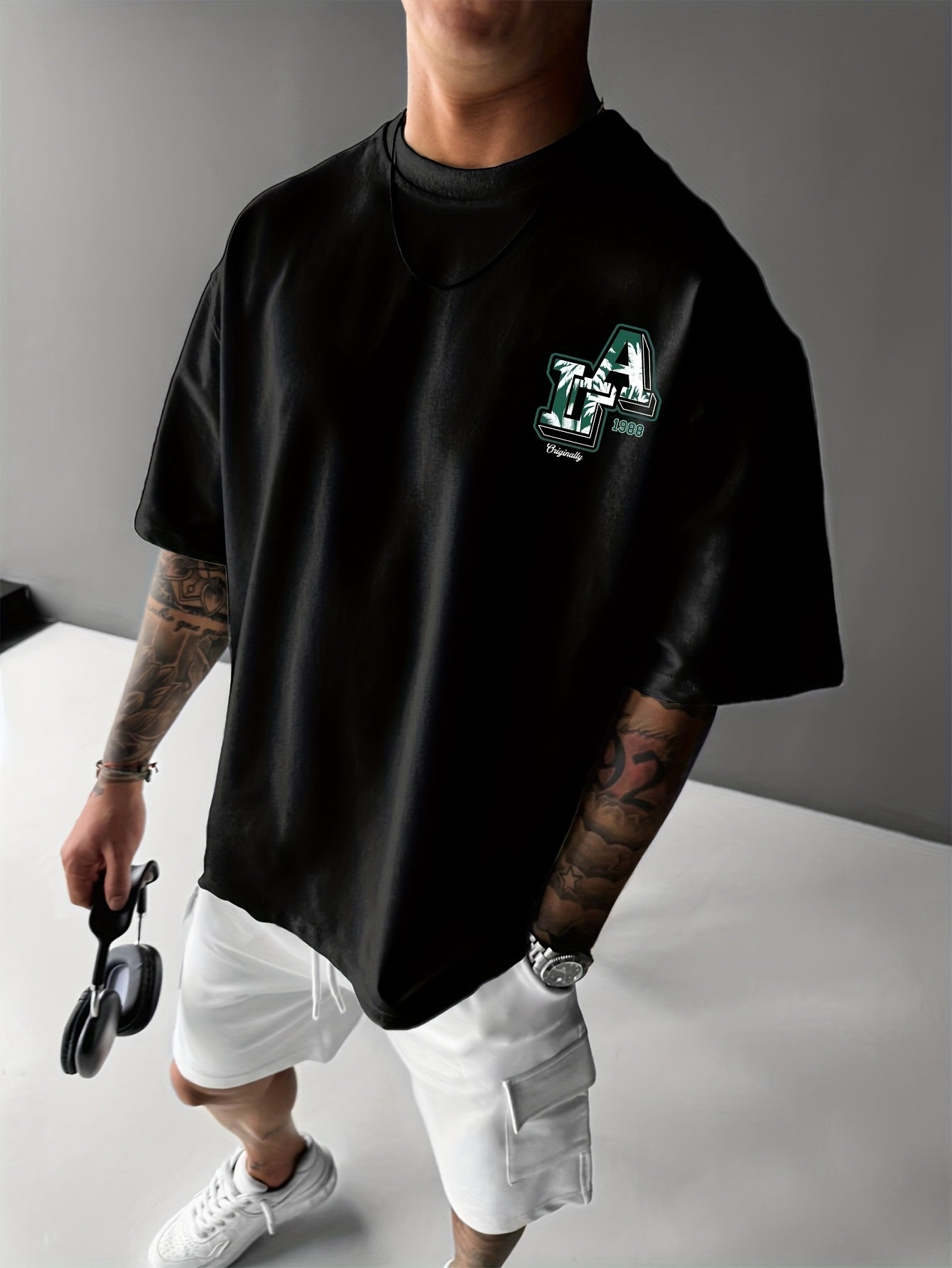 Men'S Casual Y2K LA Graphic T-Shirt - Bold Oversized "LA" Letter Print, Comfortable & Breathable with Slight Stretch, Perfect for Home & Outdoor Activities, Spring/Summer Fashion, Machine Washable, Loose Fit Short Sleeve Crew