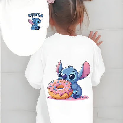 Cute Stitch Print Kids Short Sleeve Shirt 1-12Y Boys Girls Summer Outdoor Soft Fabric Breathable Top Perfect Birthday & Holiday Present