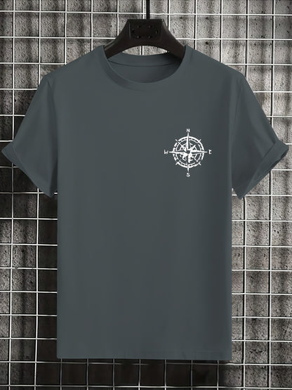 Men'S Summer Short Sleeve T-Shirt with Bold Eagle & Compass Print - Light Blue Casual Round Neck Tee, Comfortable Stretch Fabric for Casual Attire, Everyday Tshirt | Bold Graphic Tee | Comfortable Fit