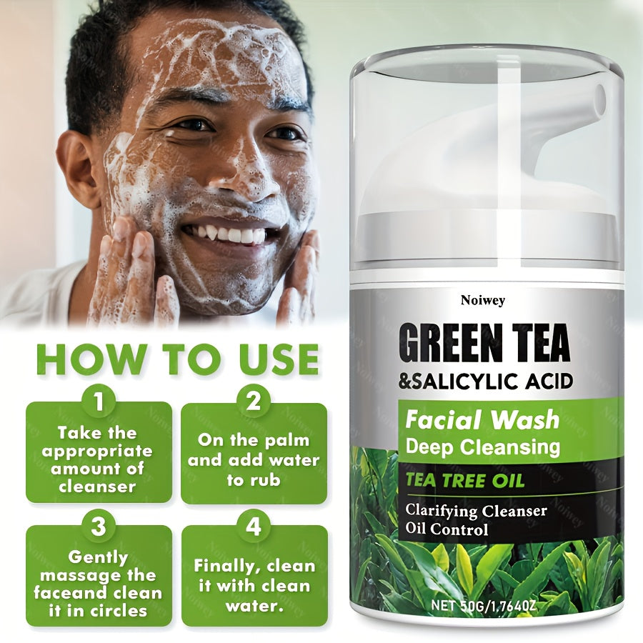 Green Tea & Salicylic Acid Facial Cleanser with Green Tea, Turmeric, Tea Tree Oil Facial Cleanser Creates Creamy Foam, Soothes And Moisturizes Skin, Control Oil, Clarify And Balance Skin, Unclogs Pores, for Acne Skin, Oily, C