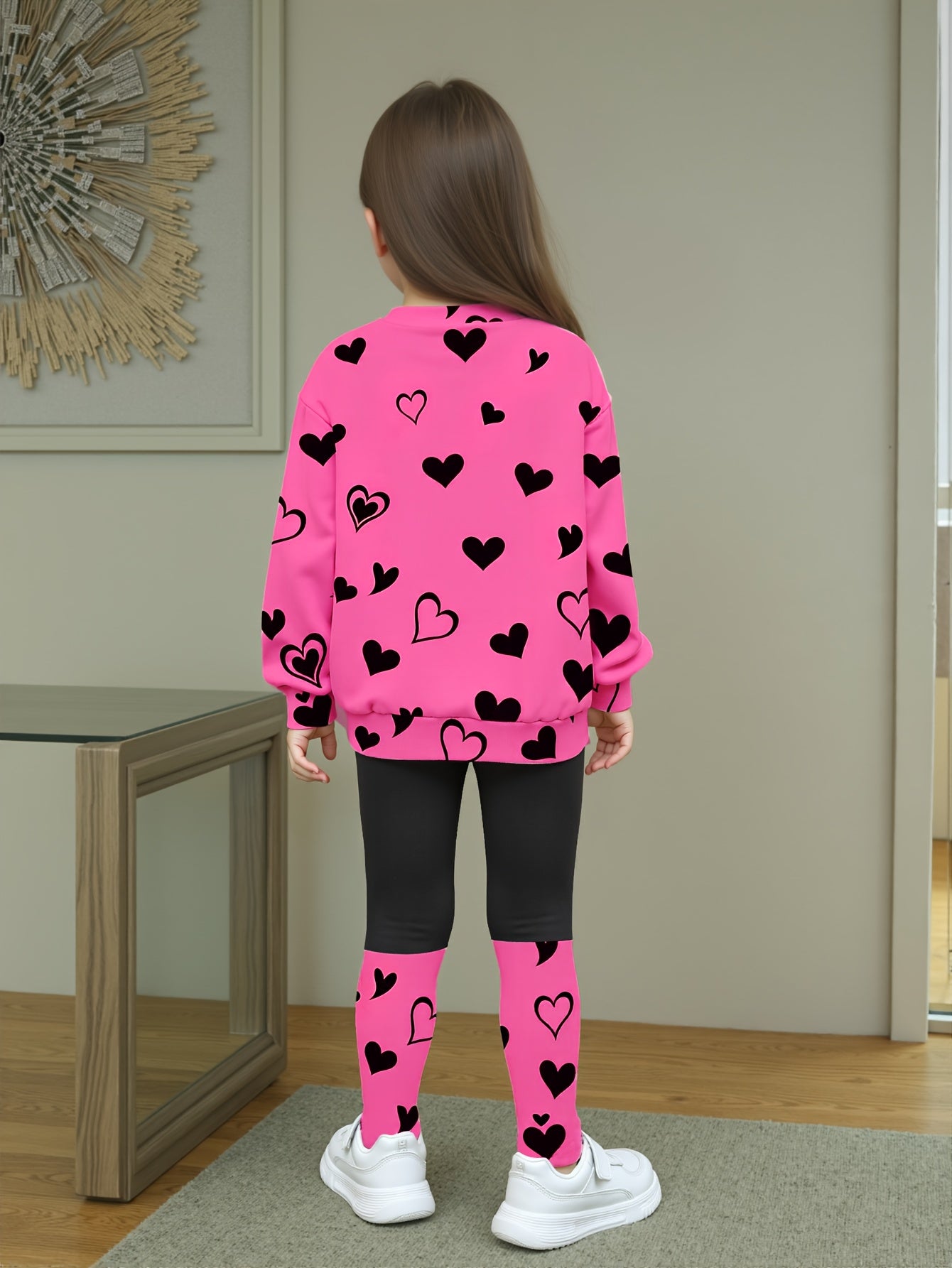 Girls' Spring/Autumn Heart Print Round Neck T-Shirt + Casual Patchwork Pants Cute Cat Pattern Two-Piece Set